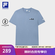 FILA官方男子短袖T恤夏季簡約圓領運動男裝上衣休閑針織套頭衫 鐵漆藍-DB L 175/96A