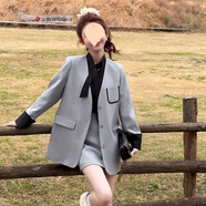 綾庭鷹感休閑西裝套裝女2025秋季寬松西服外套半身裙兩件套女裝 拼色西裝外套 XXS