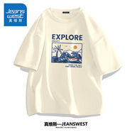 真維斯（Jeanswest）半袖男夏季大碼男士衣服男生純棉休閑短袖體恤胖子寬松男裝白t恤 淺米(海豚派對(duì)) M (建議100斤-120斤左右)