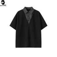 Soinku潮型庫夏季復古假兩件拼接POLO領(lǐng)短袖T恤男士寬松百搭高級感上衣 潮型庫T5071黑色 XL  130-145斤