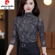 皮爾卡丹（pierre cardin）春秋季新款長(cháng)t袖網(wǎng)紗恤女條紋燙鉆上衣時(shí)尚洋氣修身顯瘦打底衫女 深灰色 XL 建議111-120斤