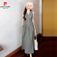 皮爾卡丹（pierre cardin）袖背心黑色格紋連衣裙子女夏季2025新款法式感氣質(zhì)收腰長(zhǎng)裙 【黑白格連衣裙】【今年流行/夏 S 40/45kg 【低價(jià)】