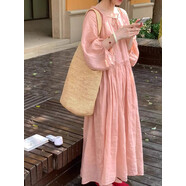 小紅書(shū)爆款粉色苧麻連衣裙2025早秋新款女裝大碼胖mm巨顯瘦穿搭裙 西柚粉 2XL 均碼