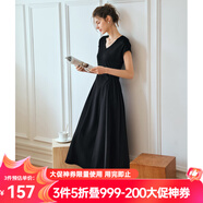 Olrain【七夕】歐芮兒深灰色連衣裙女裝夏季新款時尚收腰顯瘦傘擺裙子 黑色 S