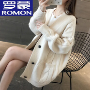 羅蒙（ROMON）愛依服秋季百搭毛衣開衫女外套2022年新款寬松麻花中長(zhǎng)款針織衫 米白色 均碼