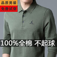 老爺車100%純棉秋季上衣長袖t恤男中年爸爸裝翻領(lǐng)寬松刺繡全棉打底體恤 綠色 4153 XL 175建議140-155斤
