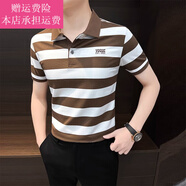 Fickan條紋POLO衫男士短袖夏季冰絲商務(wù)感刺繡翻領(lǐng)T恤帶有領(lǐng)子的 卡其色 M 【建議115斤以內(nèi)】