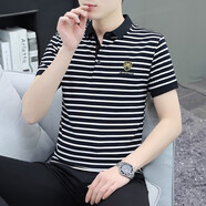 海瀾翻領(lǐng)POLO衫男士短袖t恤休閑百搭純棉條紋上衣中青年成熟商務(wù)體恤 GW2236黑條紋 3XL