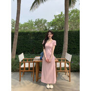 酷章（KUZHANG）酷章短袖連衣裙掐腰裙女夏季彈力u領(lǐng)修身顯瘦純色長(cháng)裙子 柔粉色 小個(gè)子 S