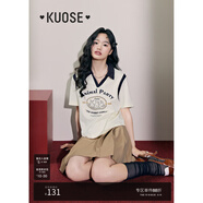闊色（kuose）米白色polo領(lǐng)兔子假兩件學(xué)院風(fēng)T恤女春夏新款短袖 米杏色 S