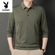 花花公子（PLAYBOY）高端純棉長袖t恤男士春秋季中年體恤2025新款休閑薄款polo衫爸爸T 8826綠色【春秋款】 M 165建議90-120斤