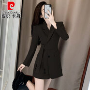 皮爾卡丹（pierre cardin）秋季長(cháng)袖連衣裙法女春秋法式氣質(zhì)高級感設計感雙排扣百褶西裝裙子 黑色 M 建議100-110斤