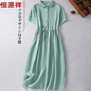 恒源祥2025細膩骨感亞麻短袖連衣裙系腰帶棉麻襯衫裙女夏季薄款女 豆綠 M