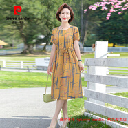 皮爾卡丹（pierre cardin）中年媽媽夏裝短袖連衣裙洋氣寬松中老年女裝夏季氣質遮肚過膝裙子 黃色 XL