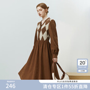 FANSILANEN范思藍(lán)恩22FS4178長(zhǎng)袖內(nèi)搭針織連衣裙女秋冬V領(lǐng)毛衣裙中長(zhǎng)款過(guò)膝 焦糖色 S
