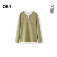 森馬（Semir）[商場同款]長袖T恤男拼接假兩件情侶裝2025秋季新款印花上衣 綠白色調(diào)00341 M