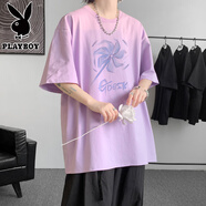 花花公子300G重磅純棉短袖T恤男夏季風(fēng)車(chē)印花半袖大碼寬松體恤打底衫潮流 紫色 L 【建議120-135斤】