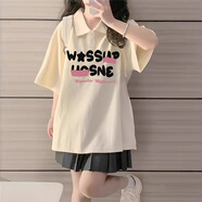 京多夢(mèng)polo領(lǐng)短袖t恤女2025新款寬松學(xué)生甜妹顯瘦半袖上衣設計感小眾 杏色 L （100-110）