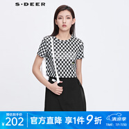S.DEER圣迪奧女裝個性圓領(lǐng)格紋字母修身短款T恤S22280174 黑色/91 S 160
