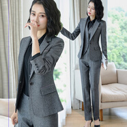 豪耀小西裝女外套職業(yè)裝女裝套裝春秋裝面試正裝女士工裝免燙西服女 灰色上衣+灰褲 L 碼（適合體重100-110）
