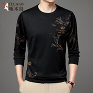 啄木鳥(niǎo)男士長(zhǎng)袖t恤加厚圓領(lǐng)舒適新款衛(wèi)衣春秋款柔順親膚絲光棉休閑男裝 B6627黑色 XL 175/115/52135-155斤