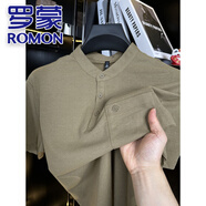 羅蒙（ROMON）中式冰絲亞麻男士短袖T恤立領(lǐng)帶口袋爸爸夏裝棉麻上衣休閑體恤衫 大地黃 L 建議體重(120-140斤)