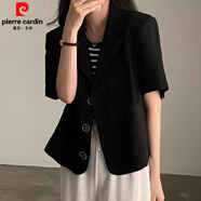 皮爾卡丹（pierre cardin）韓國(guó)chic復(fù)古氣質(zhì)顯瘦單排扣短袖棉麻小西裝女夏季薄款洋氣短外套 黑色 均碼