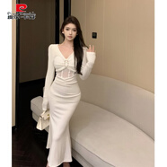 皮爾卡丹欲性感白色V領(lǐng)長袖連衣裙女秋冬感晚禮服修身包臀魚尾長裙 白色【宮廷風(fēng)/打底/冷淡系別致獨(dú) S