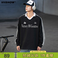 viishow男女同款春季情侶寬松拼色印花微V翻領長袖T恤美式復古百搭上衣男 黑色 M