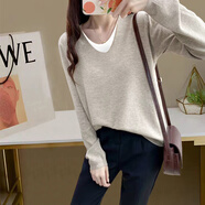 以純（YISHion）純棉假兩件長(cháng)袖t恤女歐貨感內搭2025早秋新款米灰色V領(lǐng)打底衫 純色米灰 2XL (建議125-140斤)