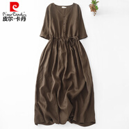 皮爾卡丹高端苧麻V領(lǐng)短袖連衣裙女2025夏季新款氣質(zhì)收腰顯瘦棉麻綿綢長裙 深咖啡色歐美裙子/高級感/高端精 M （建議90-115斤）