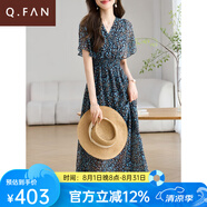恰凡（QIAFAN）2025夏裝新款V領鏤空后背小心機碎花長裙通勤氣質優(yōu)雅雪紡連衣裙 藍色蝙蝠袖碎花裙 M