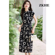 ZKHE夏裝新款感女神范時(shí)髦連衣裙通勤OL優(yōu)雅收腰過膝裙子薄款 黑底字母系帶連衣裙 XL