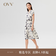 【抽象筆刷印花】OVV22春夏新款女裝23MM重縐真絲包肩短袖連衣裙 米白花紋07 S