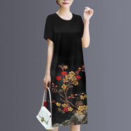 RGPX夏仿真絲連衣裙中老年人夏裝女50-60歲媽媽裝洋氣寬松遮肚中長(cháng)裙 黑色花【舒適透氣】 L 建議95-110斤