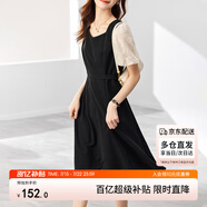 尚都比拉法式連衣裙夏季中長款a字裙泡泡袖系帶收腰顯瘦裙子 黑色 S 