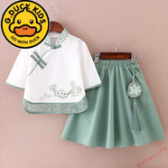 G.DUCKKIDS兒童夏季古裝漢服中國(guó)風(fēng)超仙襦裙女童古風(fēng)連衣裙寶寶唐裝套裝飄逸 綠色 棉麻 120 尺碼偏小
