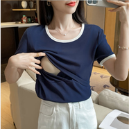 上掀無拉煉交叉哺乳上衣秋冬外出辣媽款產(chǎn)后期顯瘦哺乳月子服 9290藏青杏條紋長袖（上掀哺乳口） M M建議80-105斤