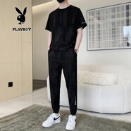 花花公子潮牌短袖t恤男夏季時尚衣服長褲男裝兩件套仿亞棉麻休閑運動套裝 CJ8907黑色 L （115-130斤）