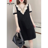 皮爾卡丹（pierre cardin）夏季新品時尚減齡拼接假兩件顯瘦泡泡袖連衣裙女歐洲針織 黑色連衣裙 2XL 建議125-140斤