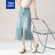 唐獅【TJ】夏季薄款韓系減齡小清新牛仔半身裙純色簡(jiǎn)約包臀裙女 淺藍 S