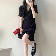 潮思匯茶歇法式泡泡袖連衣裙女夏季2025新款小個子荷葉邊短裙小黑裙顯瘦 黑色 S