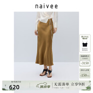 納薇（naivee）【100%醋酸】商場(chǎng)同款25夏流光中長(zhǎng)半身裙松緊腰 金色 S