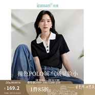 茵曼（INMAN）Polo領(lǐng)條紋短袖T恤2025夏季女裝新款修身顯瘦上衣 午夜黑 XL