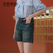 云思木想Ysimo-X摩登國(guó)風(fēng)2025夏季新款純棉刺繡淺牛仔短褲女13445 深藍(lán)色 S