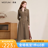 西遇復(fù)古簡約設(shè)計(jì)感翻領(lǐng)長袖連衣裙女2024秋冬保暖磨毛百褶長裙 駝色 M