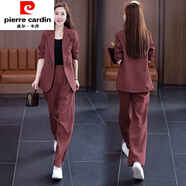 皮爾卡丹（pierre cardin）西裝套裝女士減齡2025春季新款寬松小眾西服外套顯瘦闊腿褲兩件套 酒紅色 M 【建議100斤以?xún)?nèi)】