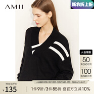AMII七夕禮物年秋新款V領(lǐng)條紋高級(jí)感超好看毛衣oversize慵懶風(fēng)上衣女 黑色 160/84A/M