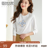 熙世界長(zhǎng)袖T恤女2025春季新款民族風(fēng)復(fù)古刺繡百搭寬松圓領(lǐng)體恤衫 珍珠白 XL
