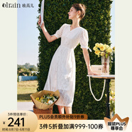 Olrain歐芮兒白色刺繡連衣裙女夏季收腰法式V領泡泡袖a字大擺裙 米白色 M 160/84A